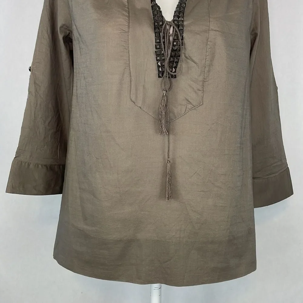 J. Crew 100% Cotton Brown Embellished V-Neck Blouse. Size 4. New With Tags.